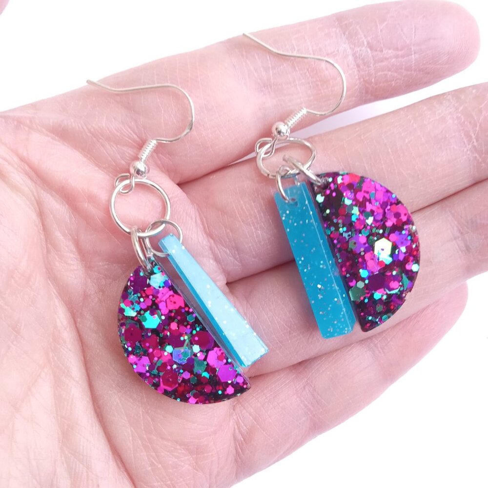 Sterling silver blue and purple glitter geo art deco dangle earrings new resin - Picture 5 of 6